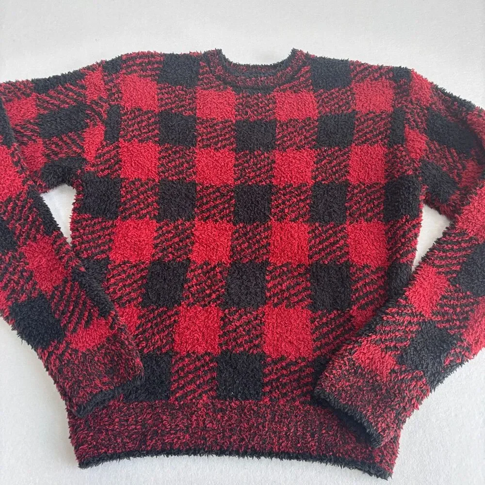 Skims Buffalo Plaid Pullover Women's S/M Red Black Check Cozy Soft Fuzzy NWT - Picture 3 of 8
